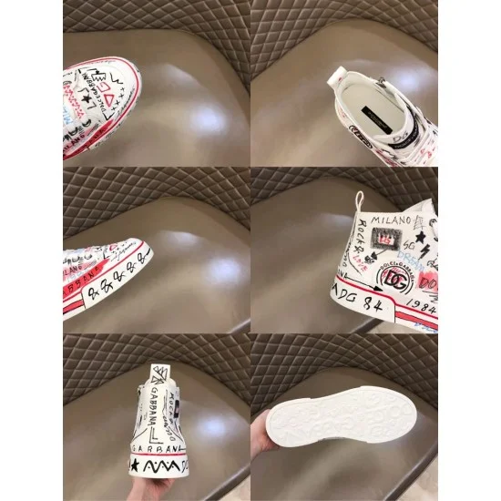 Dolce & Gabbana Graffiti Canvas Mid-Top Trainers Feature Details Grid in white Collage of six close-up details including heel pull, inner lining, sole, and graphics in white