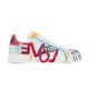 Dolce & Gabbana Portofino Graffiti Print White Leather Trainer side view featuring red LOVE lettering
