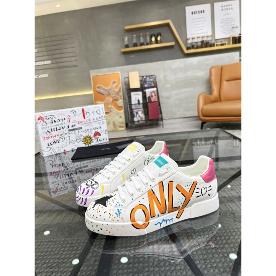 Dolce & Gabbana Portofino Graffiti Print White Leather Trainers showing orange ONLY lettering in white and red
