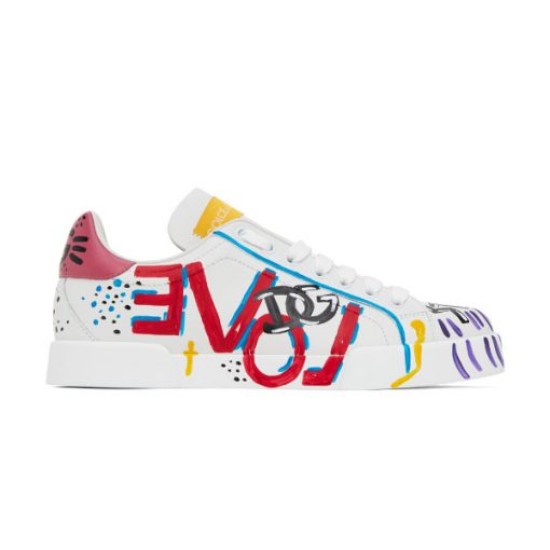 Dolce & Gabbana Portofino Graffiti Print White Leather Trainer side view on white background in white and red