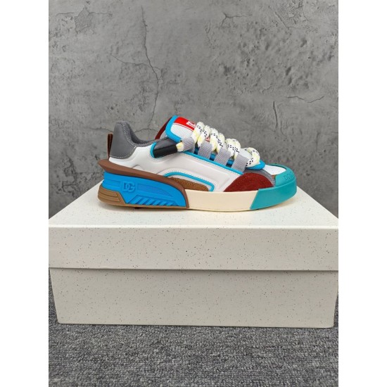 Dolce & Gabbana Panelled Trainer Lateral Profile in white and blue Lateral side view of Dolce & Gabbana mixed material low top trainer on shoebox in white and blue