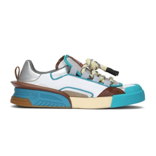Dolce & Gabbana Mixed Material Trainers Side View in white and blue Side profile of Dolce & Gabbana mixed material colourful chunky low top trainers in white, blue and brown