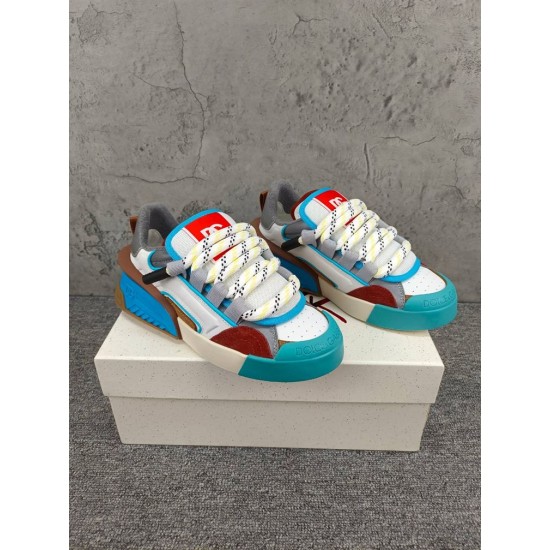 Dolce & Gabbana Chunky Trainers Front Angle in white and blue Front elevated angle of Dolce & Gabbana colourful chunky trainers showcasing thick rope laces in white and blue