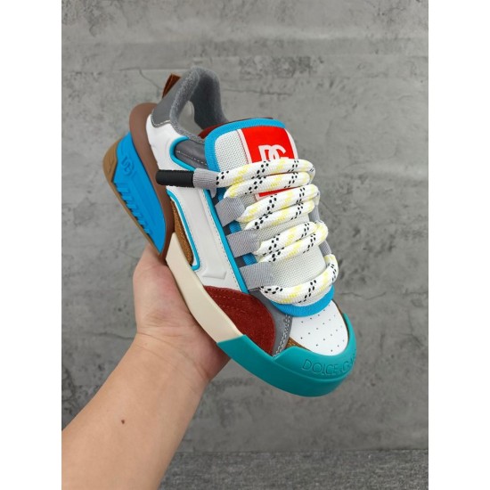 Dolce & Gabbana Chunky Trainer Handheld Perspective in white and blue Handheld view highlighting the front and side panelling of Dolce & Gabbana colourful trainer in white and blue
