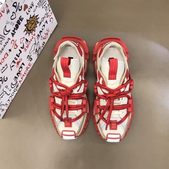 Dolce & Gabbana Space Red Trainers Top View in red and cream Top-down view of Dolce & Gabbana red mixed material trainers showing lacing in red and cream