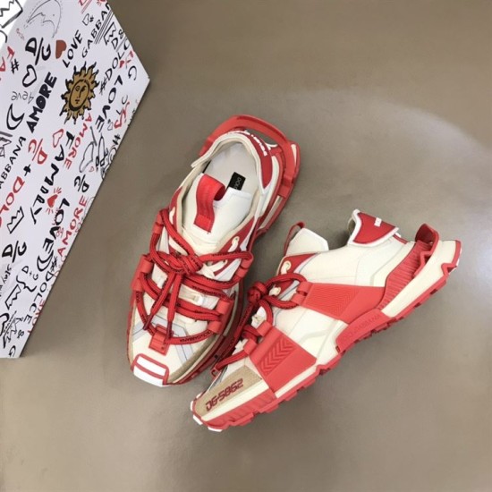 Dolce & Gabbana Space Red Trainers Angle View in red and cream Pair of red Dolce & Gabbana trainers positioned at dynamic angles in red and cream