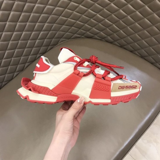 Dolce & Gabbana Space Red Trainer Profile in red and cream Hand holding Dolce & Gabbana red trainer showing outer side profile in red and cream
