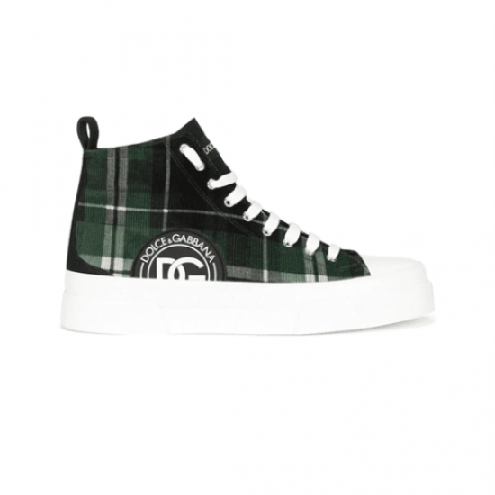 Isolated profile shot of green Dolce & Gabbana Tartan Canvas Mid-Top High-Top Trainers