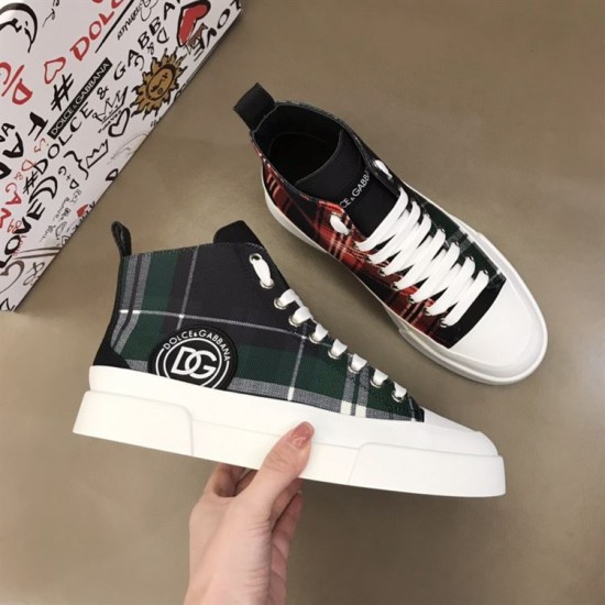 Pair of Dolce & Gabbana Tartan Canvas Mid-Top High-Top Trainers showing mixed green and red tartan uppers