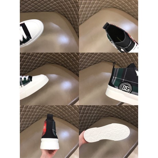Collage view showcasing details, heel tab, tongue label and outsole of Dolce & Gabbana Tartan Canvas Mid-Top High-Top Trainers in green