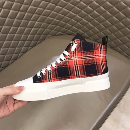 Medial side view of Dolce & Gabbana Tartan Canvas Mid-Top High-Top Trainers featuring red tartan upper in green