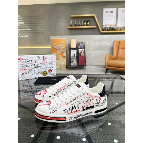 Dolce & Gabbana Portofino Love Leather Trainers White Red medial view displaying Italian love motifs