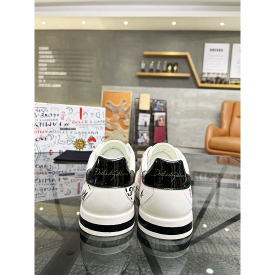 Rear view of Dolce & Gabbana Portofino Love Leather Trainers White Red showing black patent heel counters