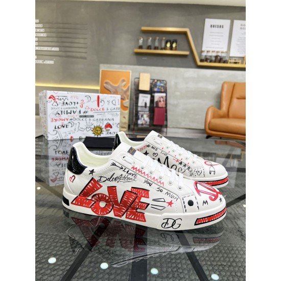 Dolce & Gabbana Portofino Love Leather Trainers White Red lateral side view on glass table