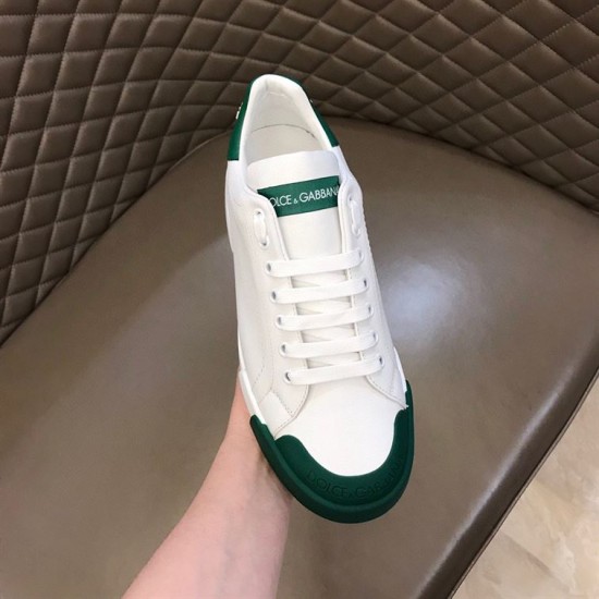 Dolce & Gabbana Portofino Trainer Front Facing in white and green Front perspective of white low-top trainer with green toe cap and tongue patch