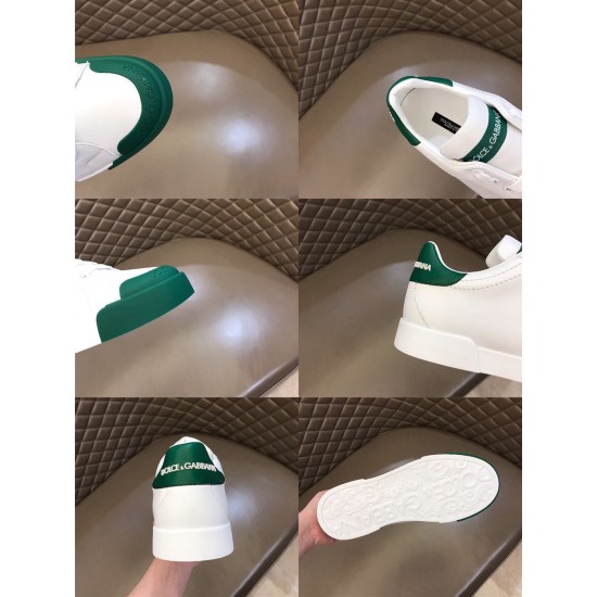 Dolce & Gabbana Portofino Trainer Design Details in white and green Detailed composite view of green toe cap, heel tab logo, tongue patch and patterned sole in white and green