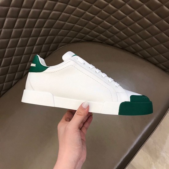 Dolce & Gabbana Portofino Trainer Outer Profile in white and green Outer side profile of single white and green leather Portofino low-top trainer