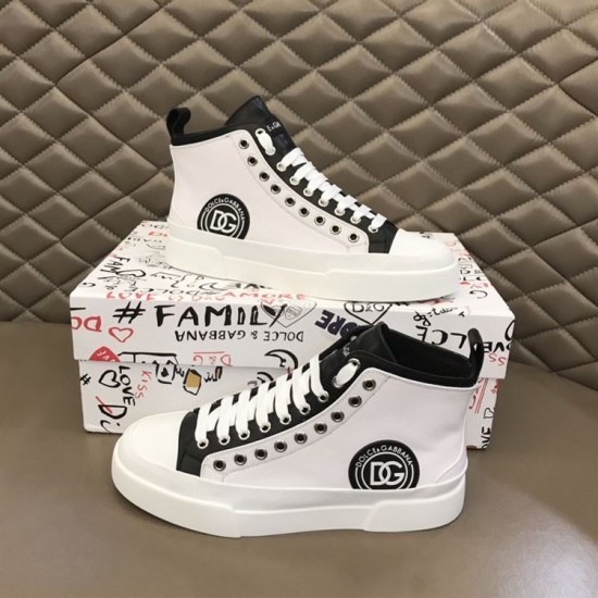 Pair of Dolce & Gabbana Portofino Light Two-Tone Mid-Top Canvas Trainers In White shown with branded box