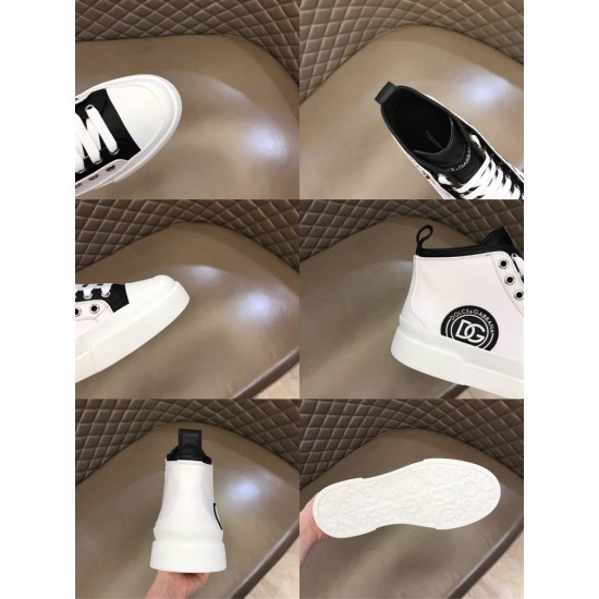 Six-panel collage showcasing details, heel tab, tongue branding, and embossed rubber sole of white Dolce & Gabbana trainers