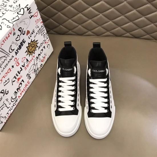 Top-front view of white and black Dolce & Gabbana mid-top trainers with laces tied