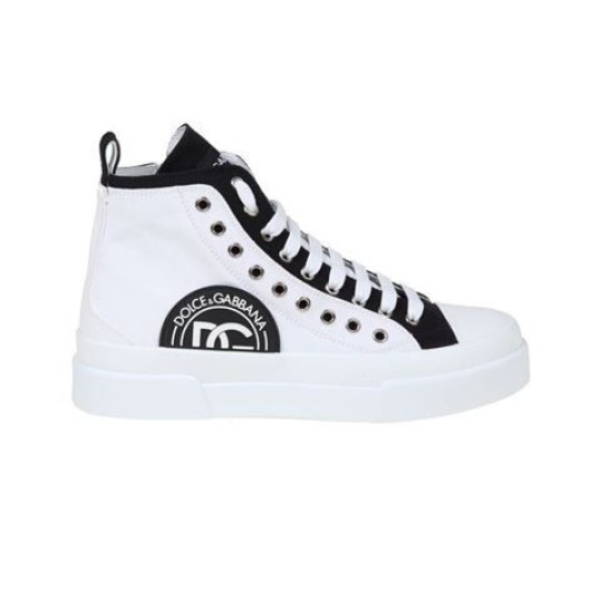 Dolce & Gabbana Portofino Light Two-Tone Mid-Top Canvas Trainers In White lateral side view