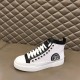 Lateral side view of the white Dolce & Gabbana Portofino Light mid-top trainer resting on a surface