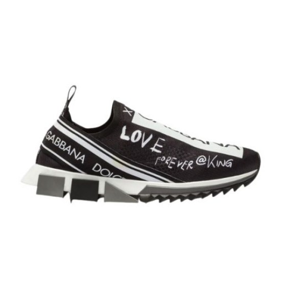 Dolce & Gabbana Sorrento Black Graffiti Knit Trainer Full lateral side view of Dolce & Gabbana black graffiti knit trainer