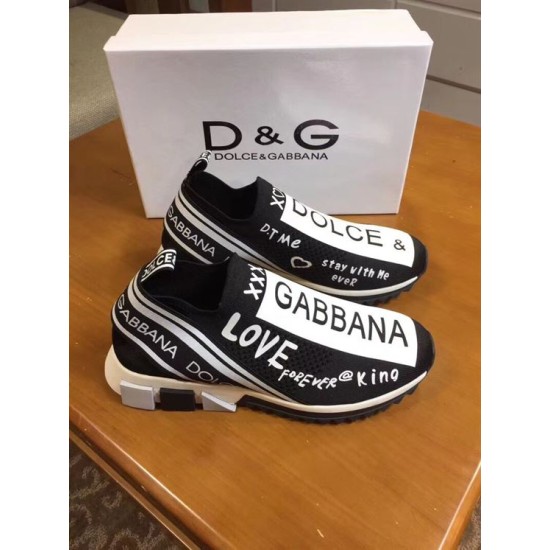 Pair of Dolce & Gabbana Sorrento Black Graffiti Knit Trainers Pair of Dolce & Gabbana Sorrento black graffiti trainers in front of box