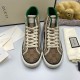 Gucci High Top Tennis 1977 Canvas Trainers Beige Front Pair in pink Gucci High Top Tennis 1977 Canvas Trainers Beige pair front view in pink