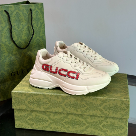 Gucci Ivory Leather Logo Printed Trainers Side Profile Gucci Ivory Leather Logo Printed Trainers pair on box
