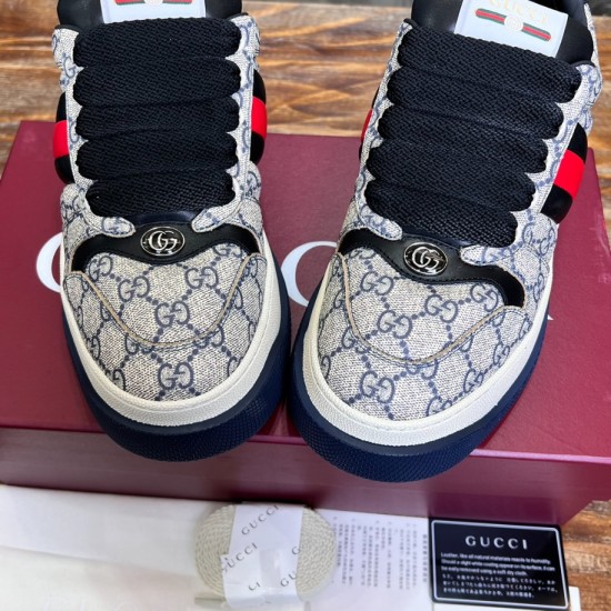 Gucci Screener Web Trainers Toe Detail in beige and blue Front toe cap view of Gucci Screener Web Monogram Canvas Low Top Trainers in beige and blue
