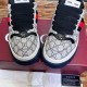 Gucci Screener Web Trainers Toe Detail in beige and blue Front toe cap view of Gucci Screener Web Monogram Canvas Low Top Trainers in beige and blue