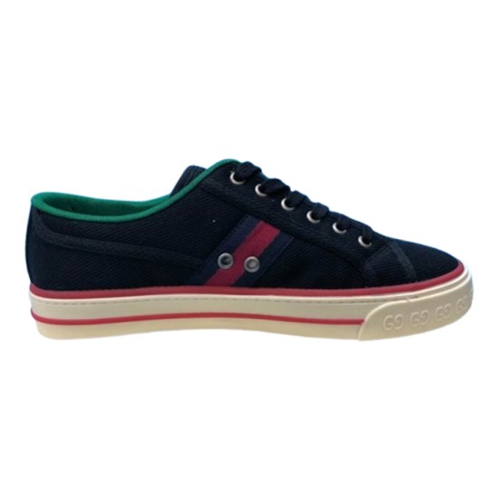 Gucci Off The Grid Black Low Top Trainer Side Profile in black and green Side profile view of Gucci Off The Grid Black Canvas Low Top Trainer showing green trim, red web stripe, and embossed sole