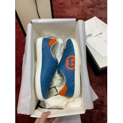 Gucci Ace Blue Leather Trainers With Orange Interlocking Logo