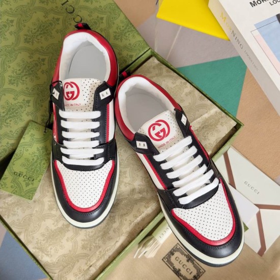 Gucci Low Top Trainers Pair View in multicolour and black Top-down view of black, red and white leather low-top trainers in multicolour and black