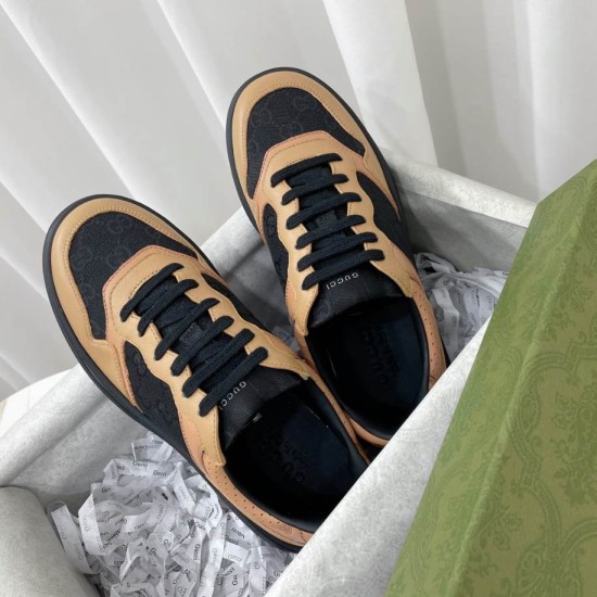 Gucci Monogram Leather Chunky Sole Trainers Black Brown Top View Top-down view of Gucci Monogram Leather Chunky Sole Trainers in black and brown inside the shoe box