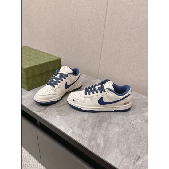 Gucci Low Top Leather Trainers In White And Blue Pair View Pair of Gucci Low Top Leather Trainers In White And Blue angled perspective view