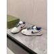 Gucci Low Top Leather Trainers In White And Blue Pair View Pair of Gucci Low Top Leather Trainers In White And Blue angled perspective view