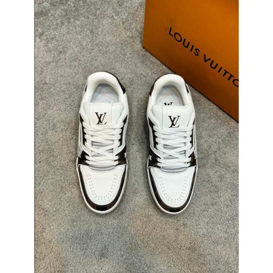 L Trainer Damier Leather White Brown Low Top Trainers Overhead Pair View Top-down view of both L Trainer Damier leather white brown low top trainers displaying toe box perforations and padded tongues