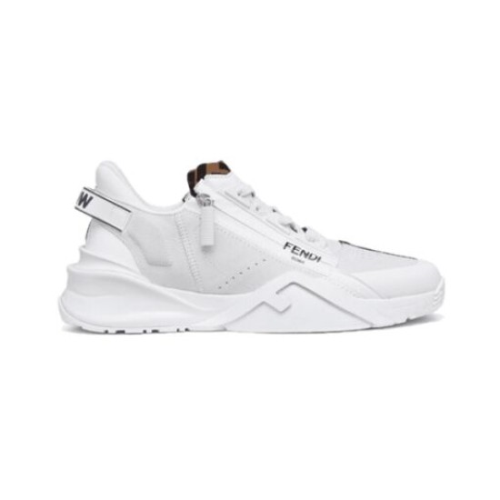 Studio Side Profile of Fendi Flow Low-Top Trainer in white and grey Full lateral studio view of the white and grey suede Fendi Flow trainer.