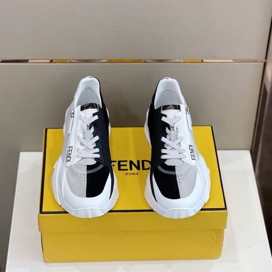 Front Angle View of Fendi Flow Trainers in white and grey Front view of both black and white colour-blocked Fendi Flow trainers in white and grey