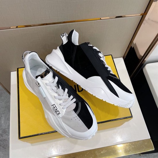 Top View of Fendi Flow Bicolor Trainers in white and grey Top-down view of black and white Fendi Flow low-top trainers showing opposite side profiles in white and grey