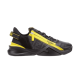 Fendi Flow Black Leather Trainer Side Profile in black and yellow Profile view of Fendi Flow black leather low top trainer with yellow zip accent and sculpted rubber sole