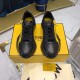 Fendi Flow Black Leather Trainers Top-Down View in black and yellow Top-down view of a pair of Fendi Flow black leather low top trainers resting on a yellow shoe box
