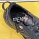 Close-up detail of zipper pull and collar on Fendi Flow Black Leather Low Top Trainers