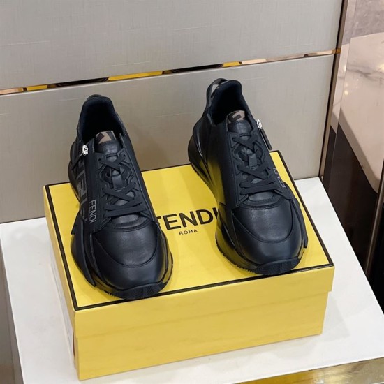 Pair of Fendi Flow Black Leather Low Top Trainers front top-down view on yellow box