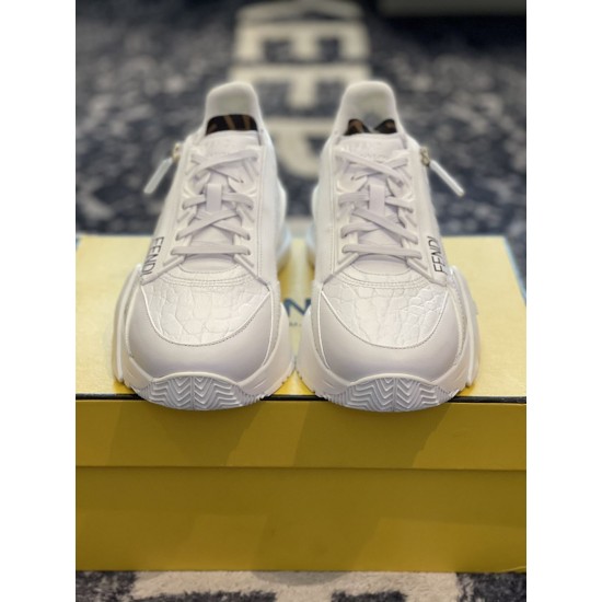 Front View Fendi Flow White Caiman Trainers Front toe-on view of white Fendi Flow caiman leather trainers showing laces