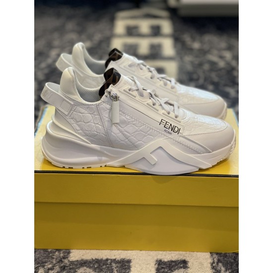 Fendi Flow White Caiman Trainers on Box Pair of white Fendi Flow caiman leather trainers resting on yellow shoe box