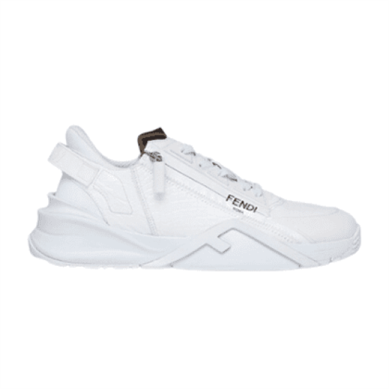 Fendi Flow White Caiman Trainer Side Profile Side profile view of Fendi Flow Low Top White Caiman Leather Trainer with side zip