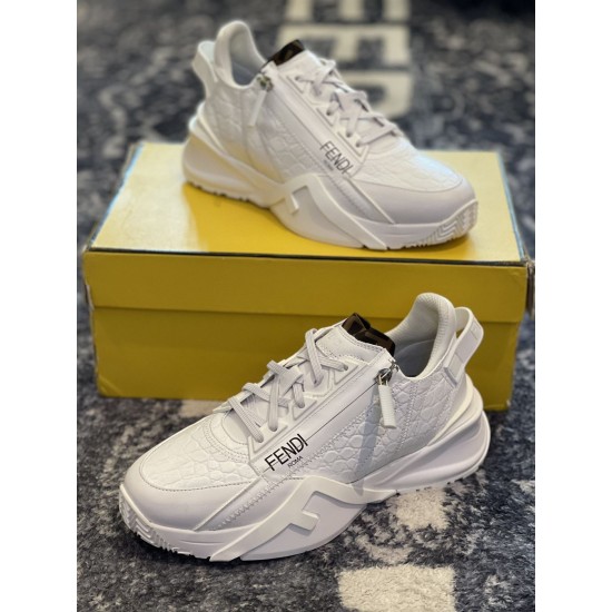 Angled Pair View Fendi Flow White Trainers Top angled view of both white Fendi Flow caiman trainers with yellow box